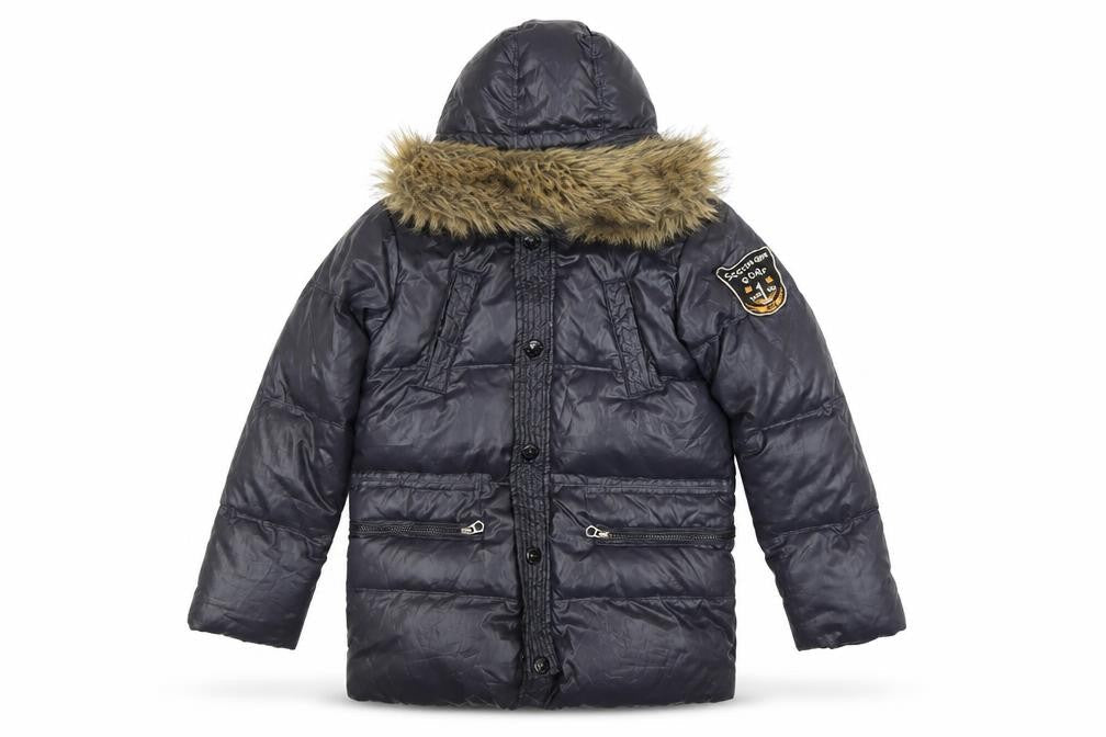Front view of Scotch Shrunk Teens Black Fur Trim Hooded Puffer Coat, size 10
