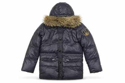 Front view of Scotch Shrunk Teens Black Fur Trim Hooded Puffer Coat, size 10