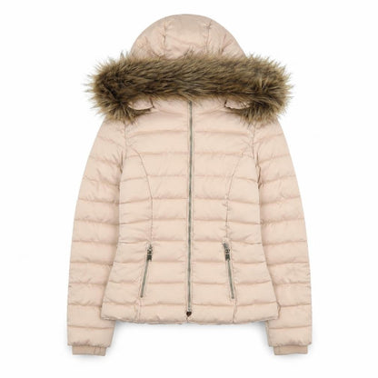 H&M Divided Women’s Beige Faux Fur Hooded Puffer Jacket Size 4