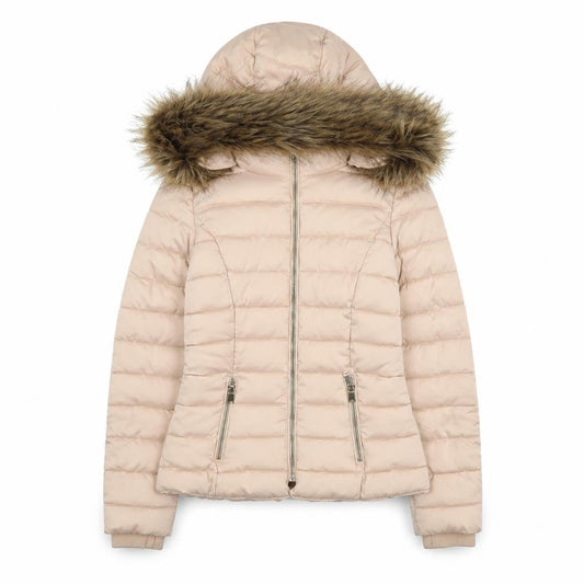 H&M Divided Women’s Beige Faux Fur Hooded Puffer Jacket Size 4