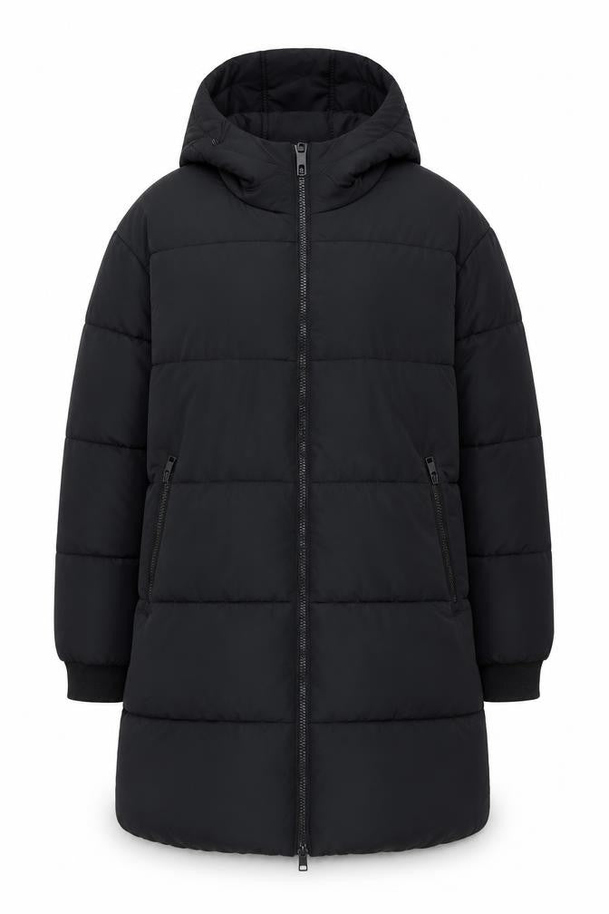 Front view of Marks & Spencer Women's Black Long Hooded Puffer Coat, size 4