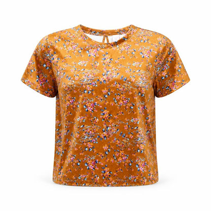 Front view of Savage X Fenty women’s orange floral velvet t-shirt m