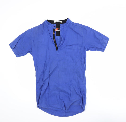 Smart Casual Men's Blue Linen Cotton Short Sleeve Henley Polo Shirt Size S