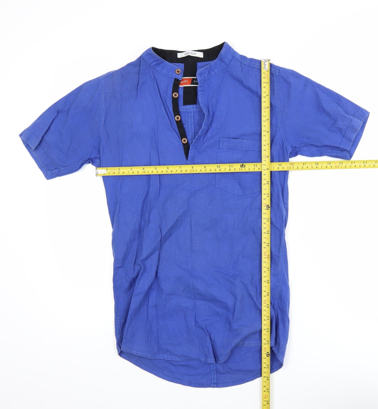 Smart Casual Men's Blue Linen Cotton Short Sleeve Henley Polo Shirt Size S