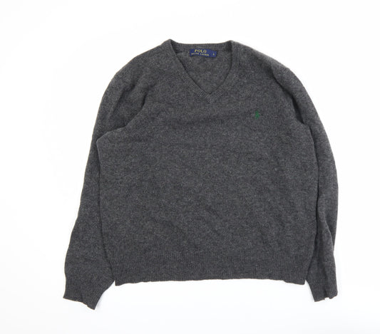 Polo Ralph Lauren Men's Grey Lambswool V-Neck Jumper Size L