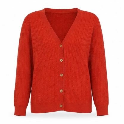 Front view of Chaps women’s red cotton cable knit cardigan l v-neck long sleeve