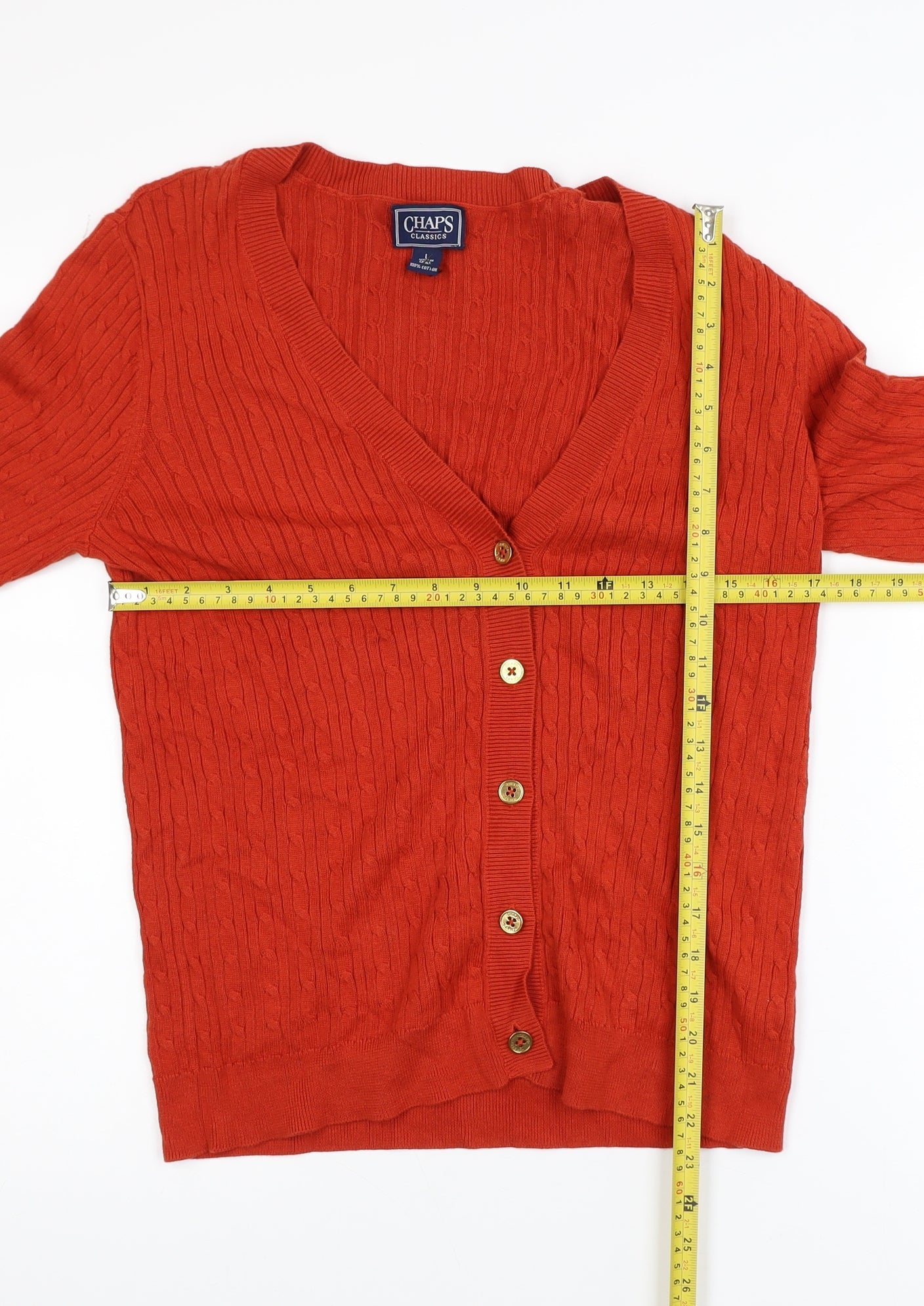 Chaps Womens Red Cotton Cable Knit Cardigan L V-Neck Long Sleeve