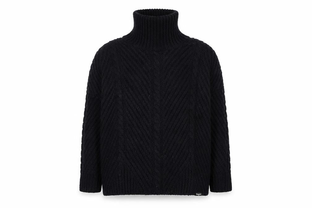 Superdry Women Black Roll Neck Cable-Knit Jumper Size 10