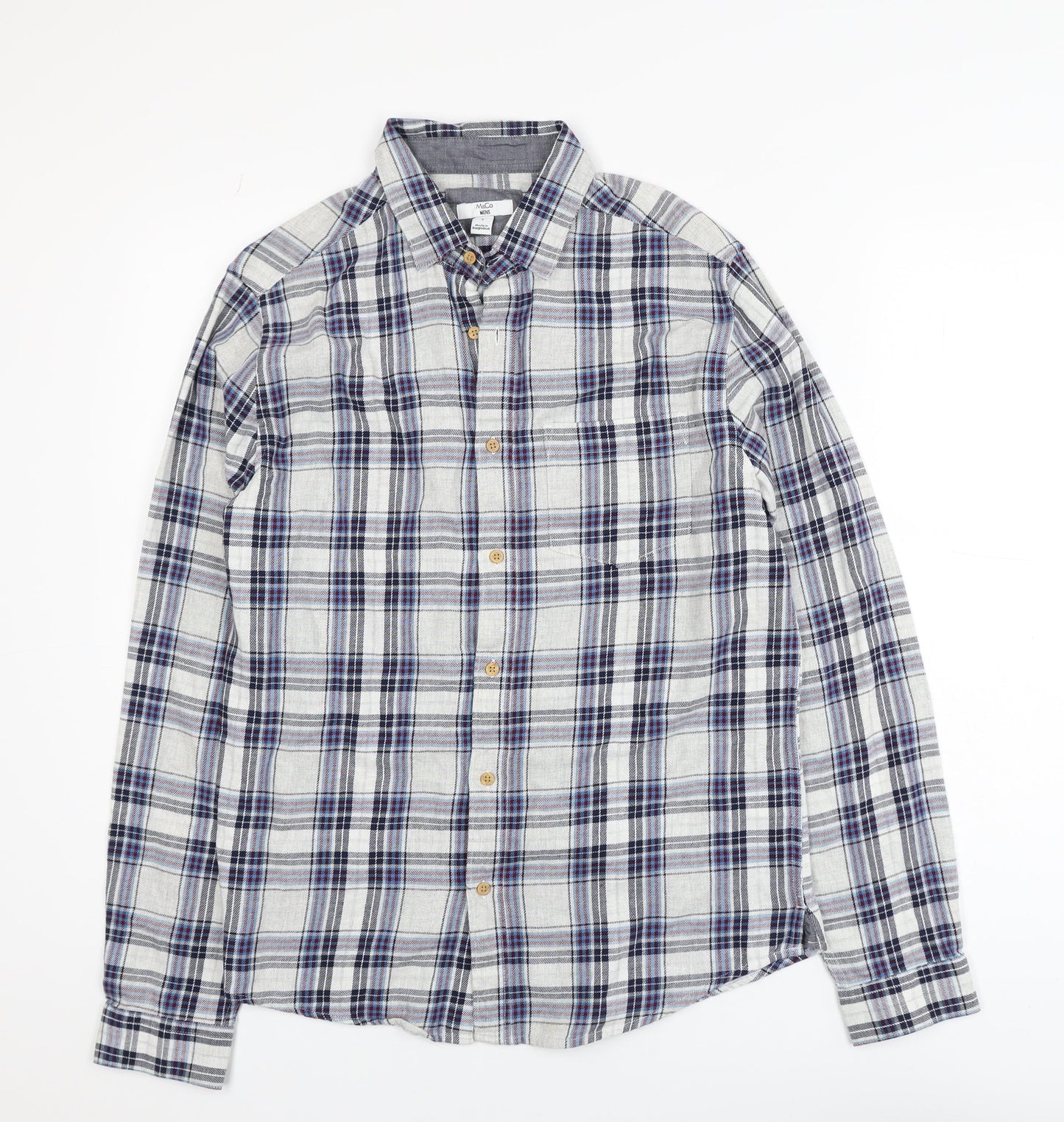 M&Co Mens Grey Plaid Cotton Button-Down Long Sleeve Shirt Size S
