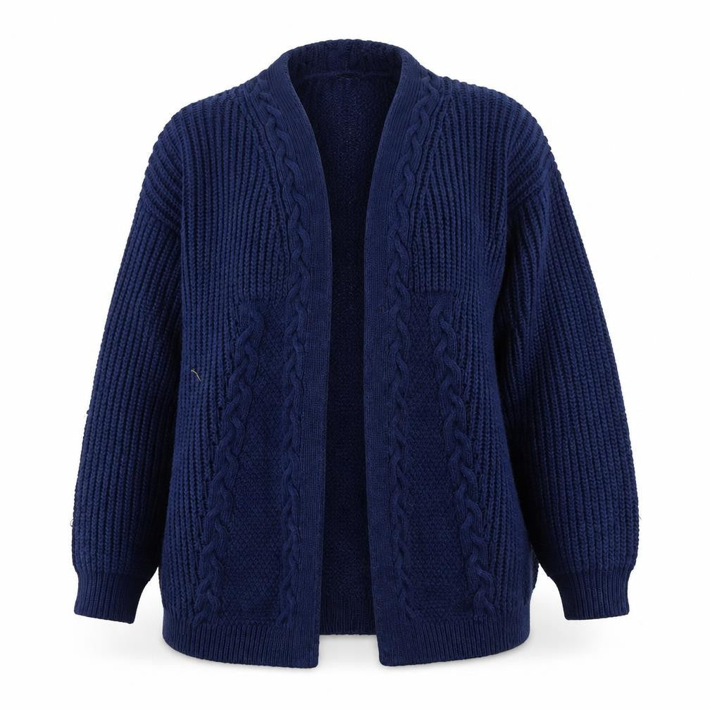 Front view of Lipsy Women Blue Cable-Knit Open Front Long Sleeve Cardigan, size 12