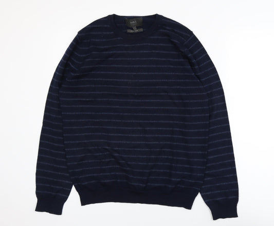 Marks and Spencer Men's Blue Striped Merino Blend Jumper L