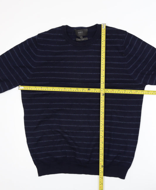 Marks and Spencer Men's Blue Striped Merino Blend Jumper L