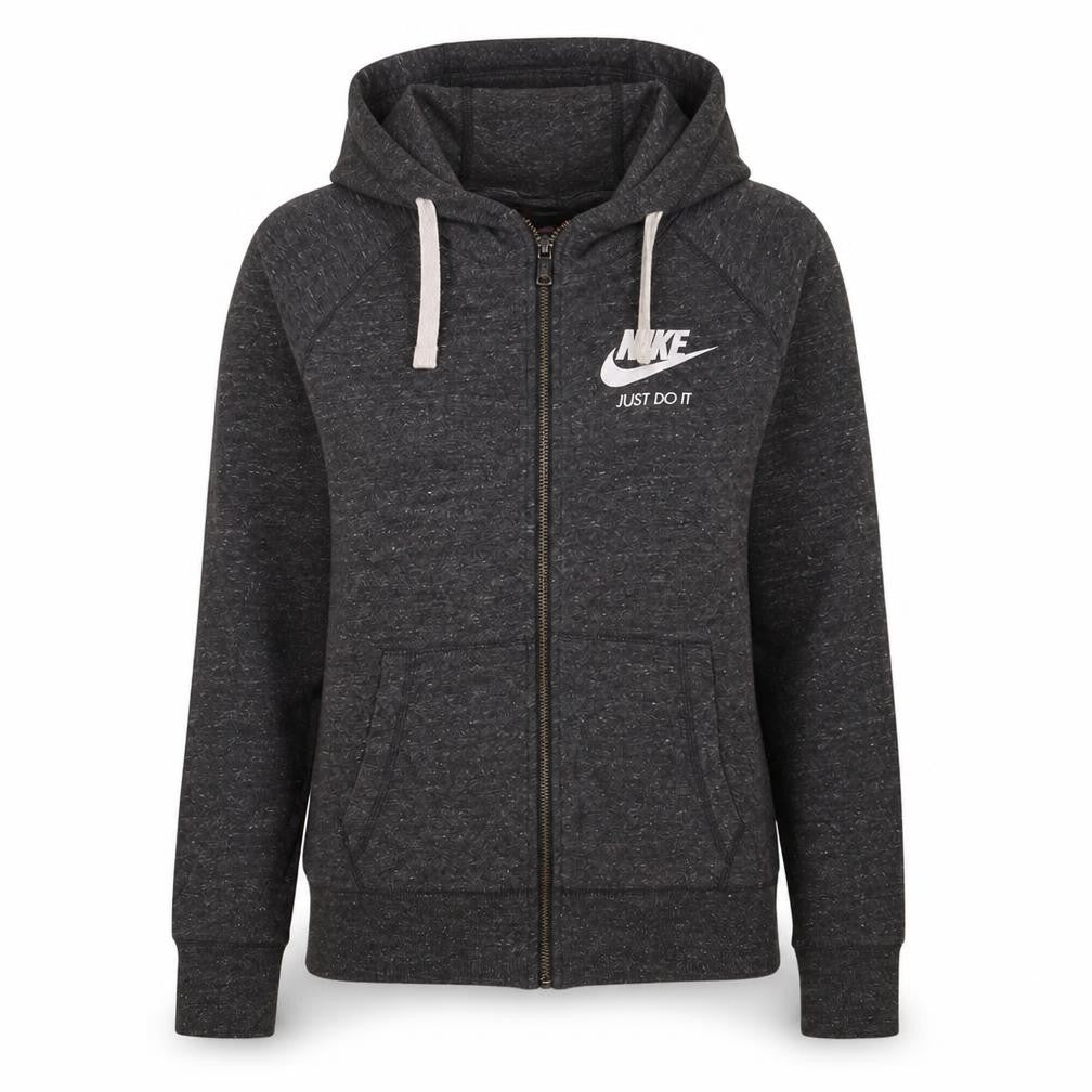 Front view of Nike Women’s Grey Full Zip Hoodie Small Just Do It Logo Sweatshirt