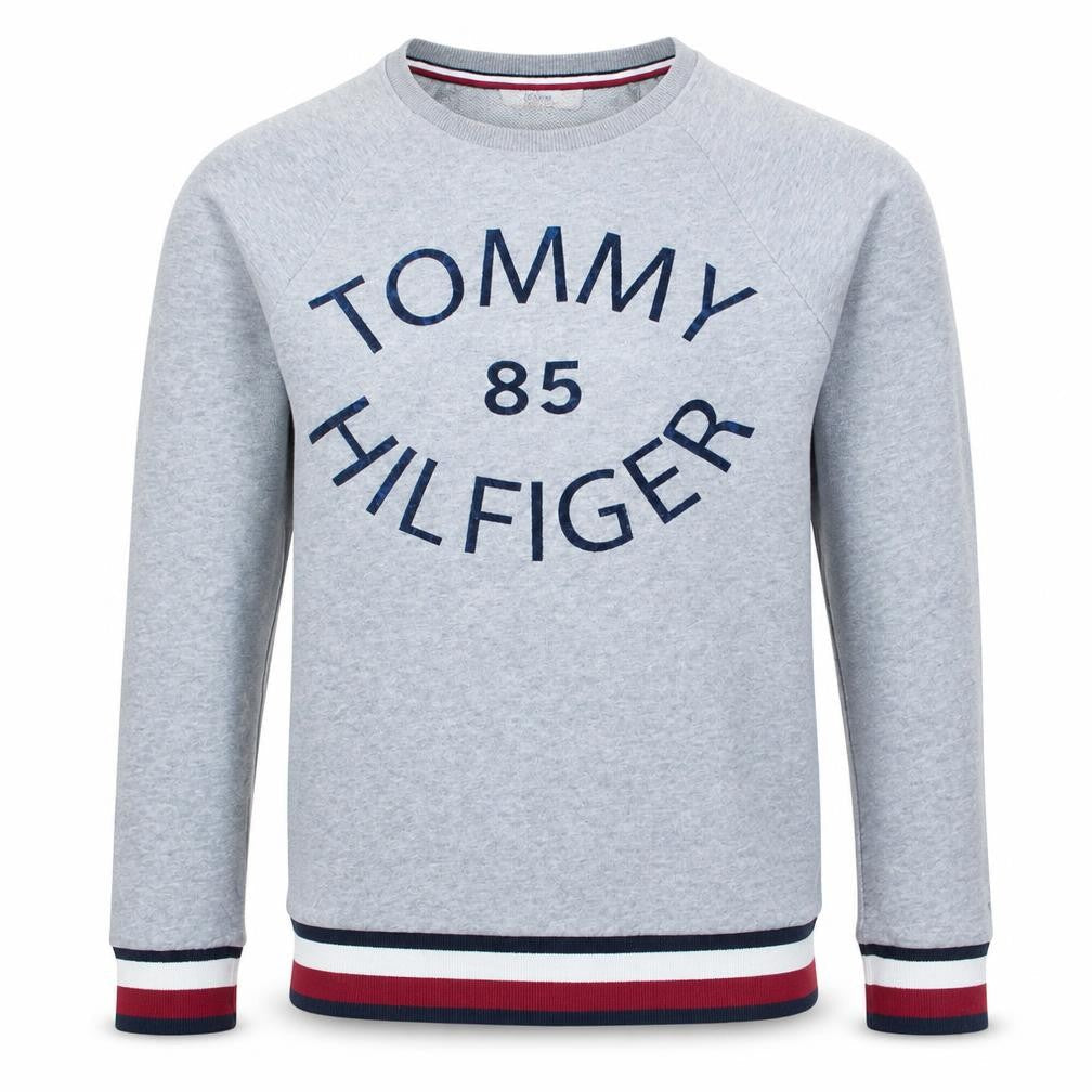 Front view of Tommy Hilfiger Men's Grey XS Crew Neck Logo Sweatshirt
