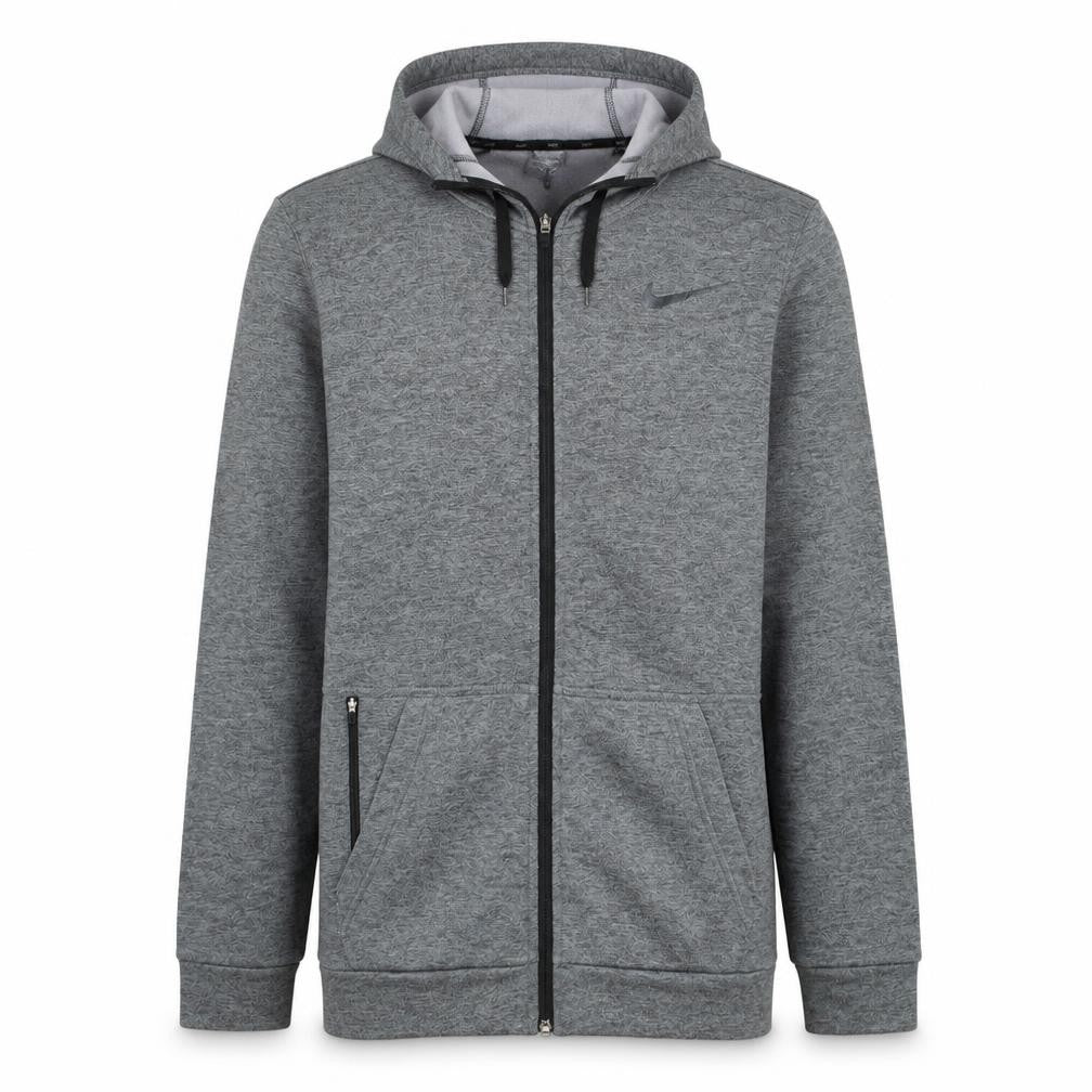 Front view of Nike Men's Grey Dri-Fit Full Zip Hoodie, size M, Regular Fit