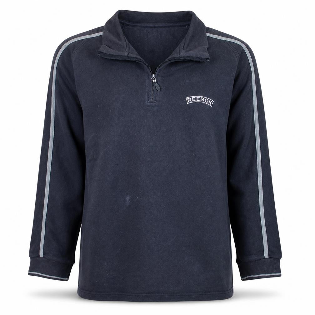 Front view of Reebok Men's Black 1/4 Zip Fleece Sweatshirt, size L, Regular Fit