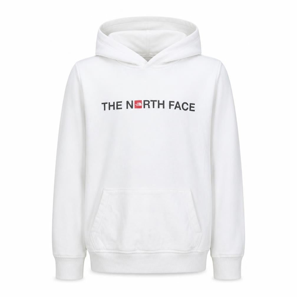 Front view of The North Face boys’ white cotton pullover hoodie, size L, youth