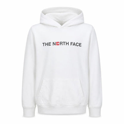 Front view of The North Face boys’ white cotton pullover hoodie, size L, youth