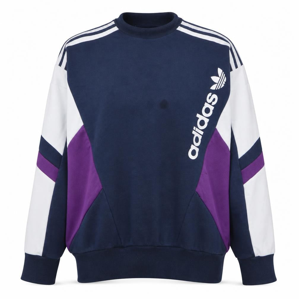 Front view of Adidas women’s navy blue colourblock crew neck sweatshirt uk 12