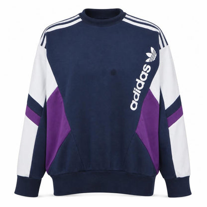 Front view of Adidas women’s navy blue colourblock crew neck sweatshirt uk 12