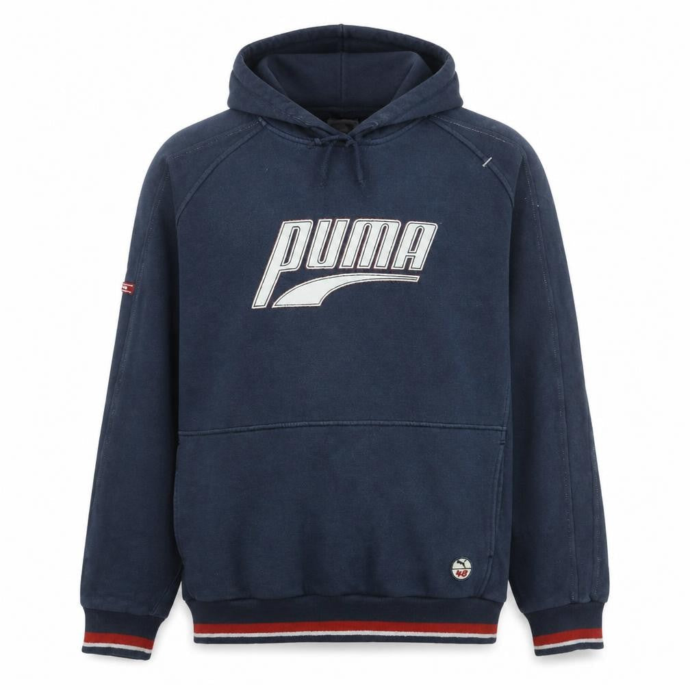 Front view of Puma Men's Blue Pullover Hoodie L Vintage Sports Graphic