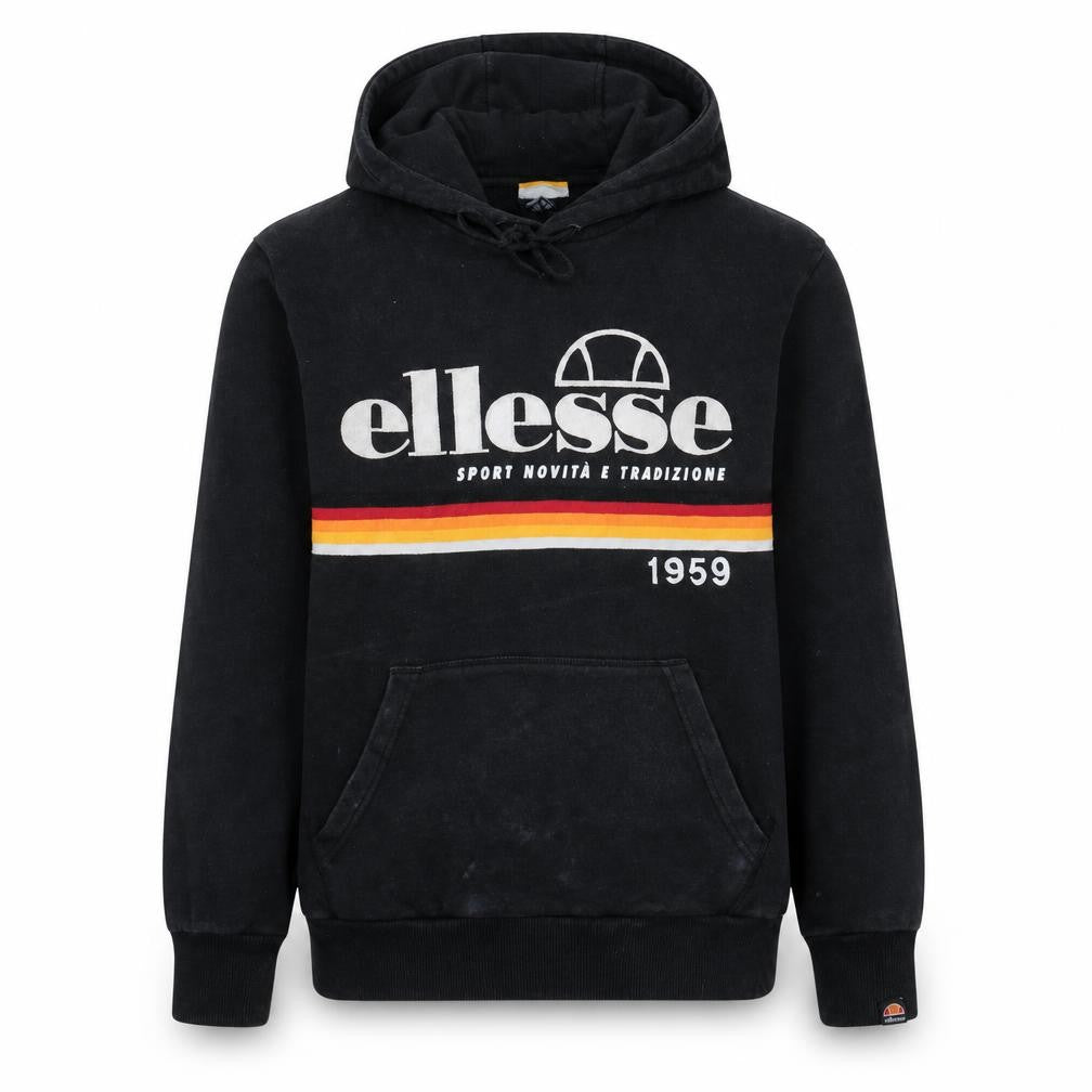 Front view of Ellesse Men's Black Pullover Hoodie M Retro Logo Sportswear