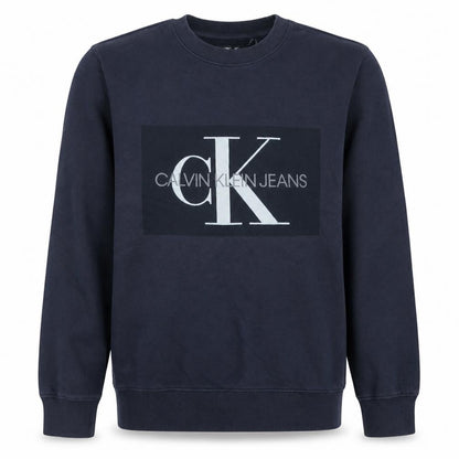 Front view of Calvin Klein Jeans Men's Blue Logo Crew Neck Cotton Sweatshirt M