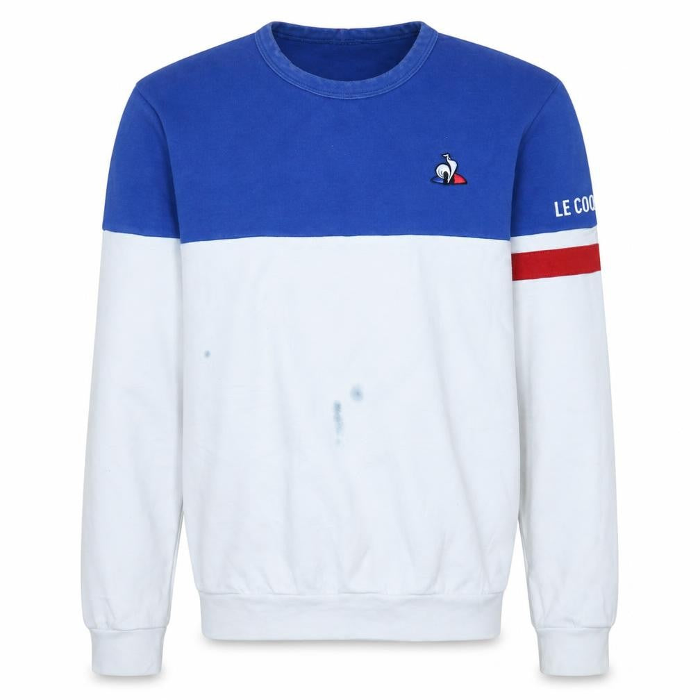 Front view of Le Coq Sportif Men's Blue White Crew Neck Logo Sweatshirt, size S
