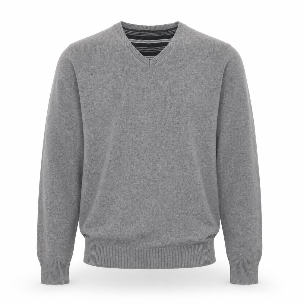 Front view of Marks & Spencer Blue Harbour Men's Grey Cotton V-Neck Jumper, size S