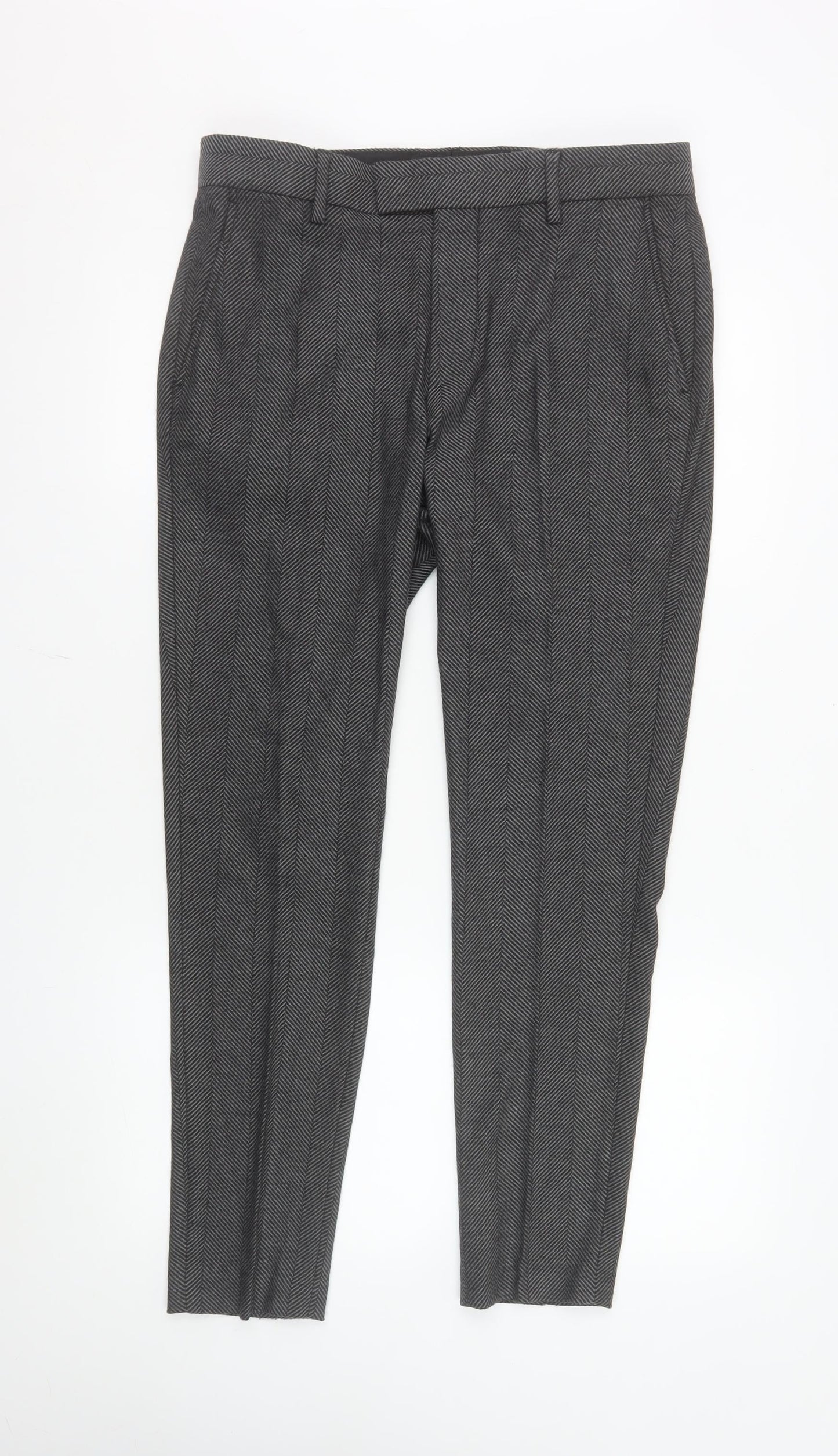 ASOS Mens Grey Herringbone Slim Fit Wool Blend Trousers W32 L30