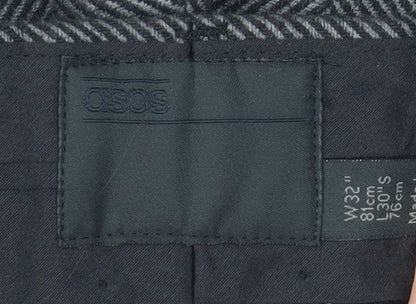 ASOS Mens Grey Herringbone Slim Fit Wool Blend Trousers W32 L30