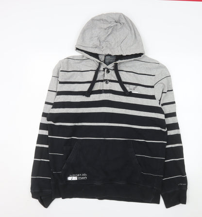 Next Men's Grey Striped Henley Hoodie L Cotton Casual Sweatshirt