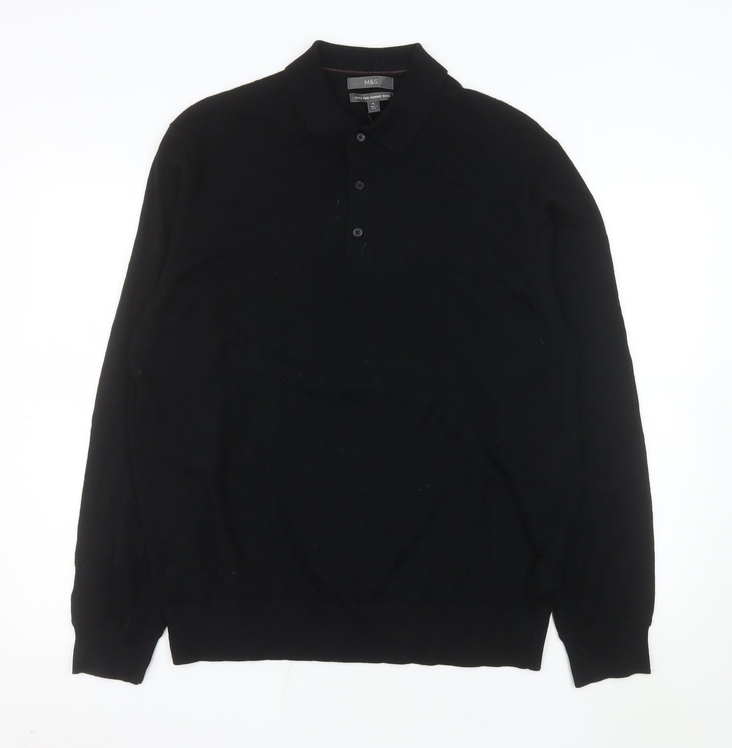 Marks and Spencer Men's Black Extra Fine Merino Wool Long Sleeve Polo XL