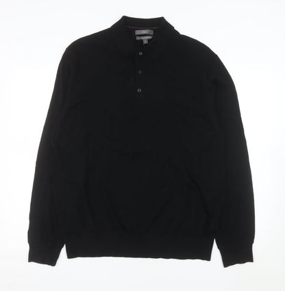 Marks and Spencer Men's Black Extra Fine Merino Wool Long Sleeve Polo XL