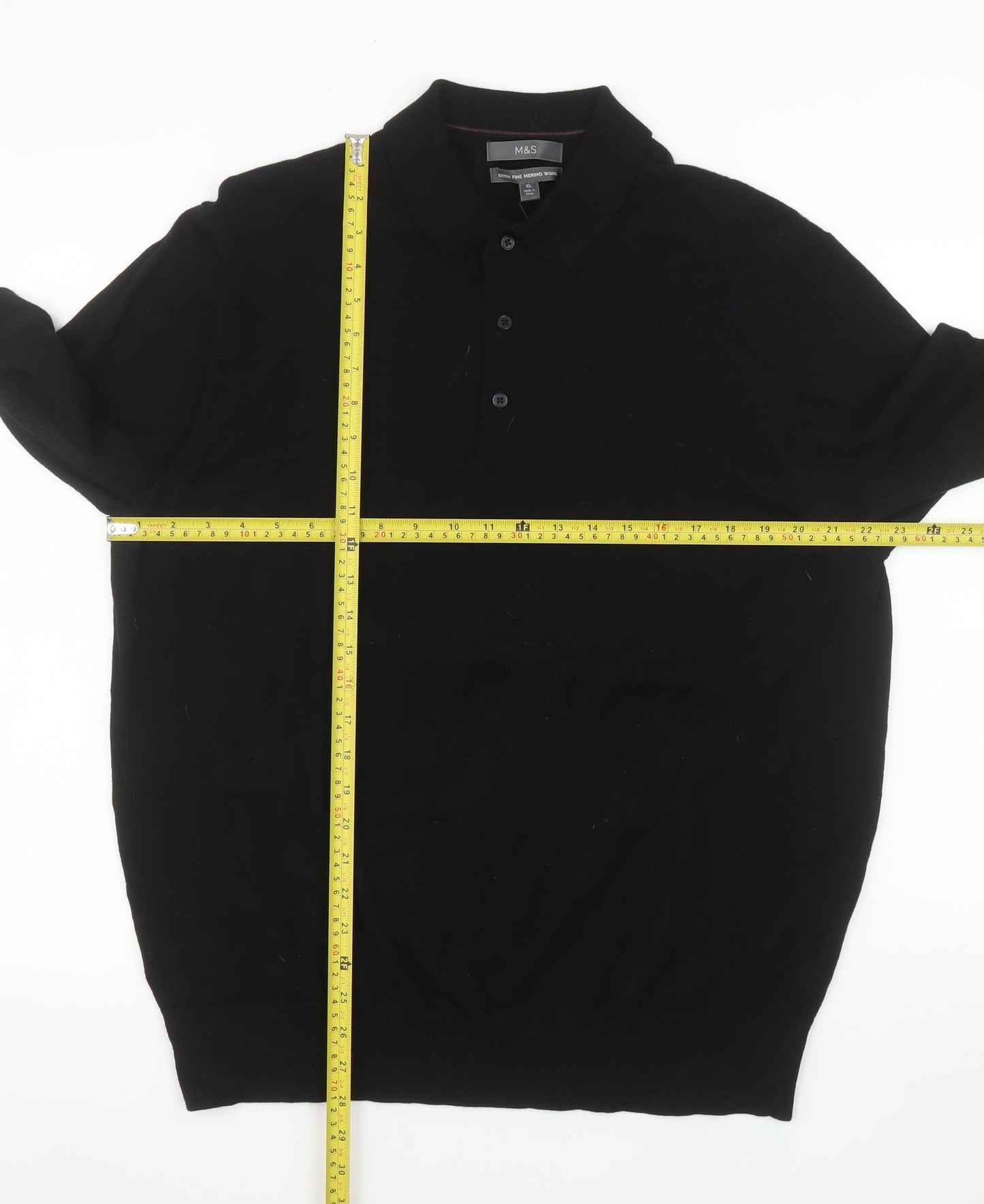Marks and Spencer Men's Black Extra Fine Merino Wool Long Sleeve Polo XL