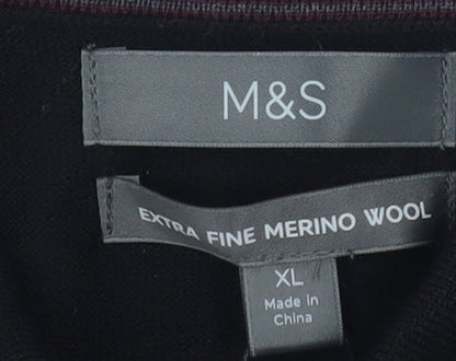 Marks and Spencer Men's Black Extra Fine Merino Wool Long Sleeve Polo XL
