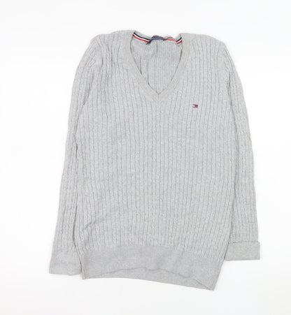 Tommy Hilfiger Men’s Grey XL V-Neck Cable Knit Cotton Jumper