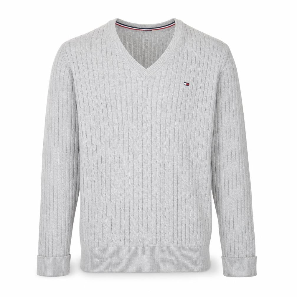 Tommy Hilfiger Men’s Grey XL V-Neck Cable Knit Cotton Jumper