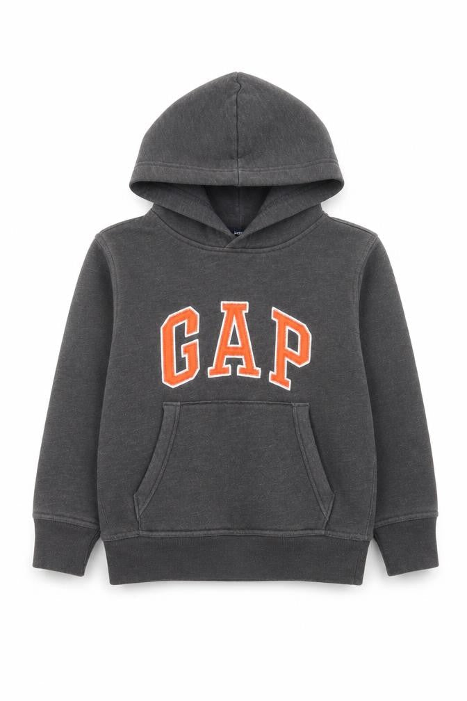 Front view of Gap boys’ grey pullover hoodie 6-7 years cotton blend casual sweatshirt