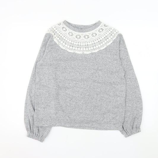 Dorothy Perkins Women Grey Lace Crew Neck Long Sleeve Jumper UK 10