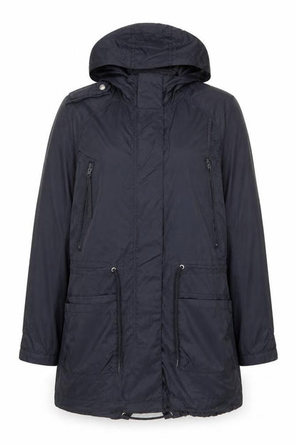 Front view of Topshop Women’s Black Hooded Parka Coat, size UK 8, Long Nylon Jacket