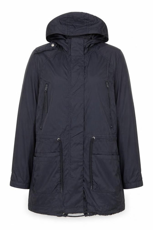 Front view of Topshop Women’s Black Hooded Parka Coat, size UK 8, Long Nylon Jacket