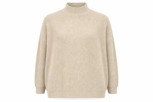 Front view of PRETTYLITTLETHING women’s beige plus 2xl chunky knit mock neck jumper