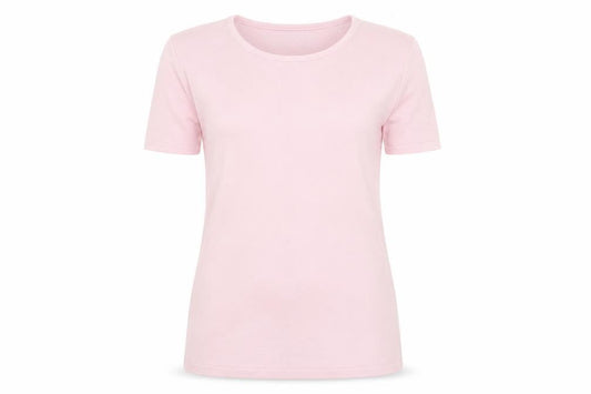 Front view of Soon Women's Pink Short Sleeve Acrylic Knit T-Shirt, size 8