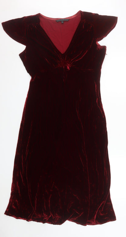 Betty Jackson Black Women Red Velvet V-Neck Fit & Flare Dress Size 16