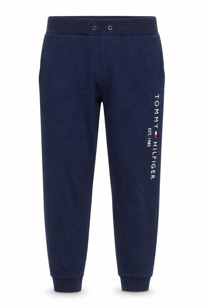 Front view of Tommy Hilfiger boys’ blue jogger trousers, size 164, cotton blend fleece