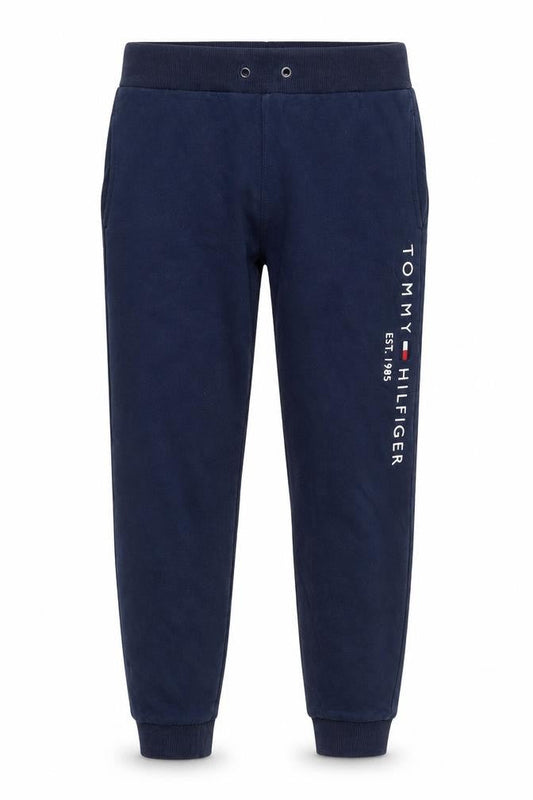 Front view of Tommy Hilfiger boys’ blue jogger trousers, size 164, cotton blend fleece
