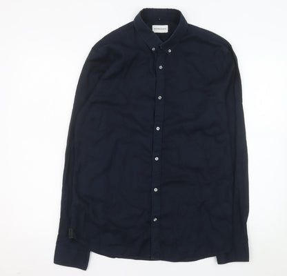 Nowadays Men's Navy Blue Long Sleeve Cotton Button-Up Shirt Size L