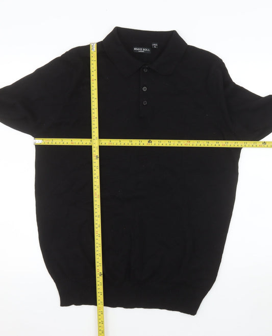 Brave Soul Men's Black Long Sleeve Cotton Polo Shirt XL