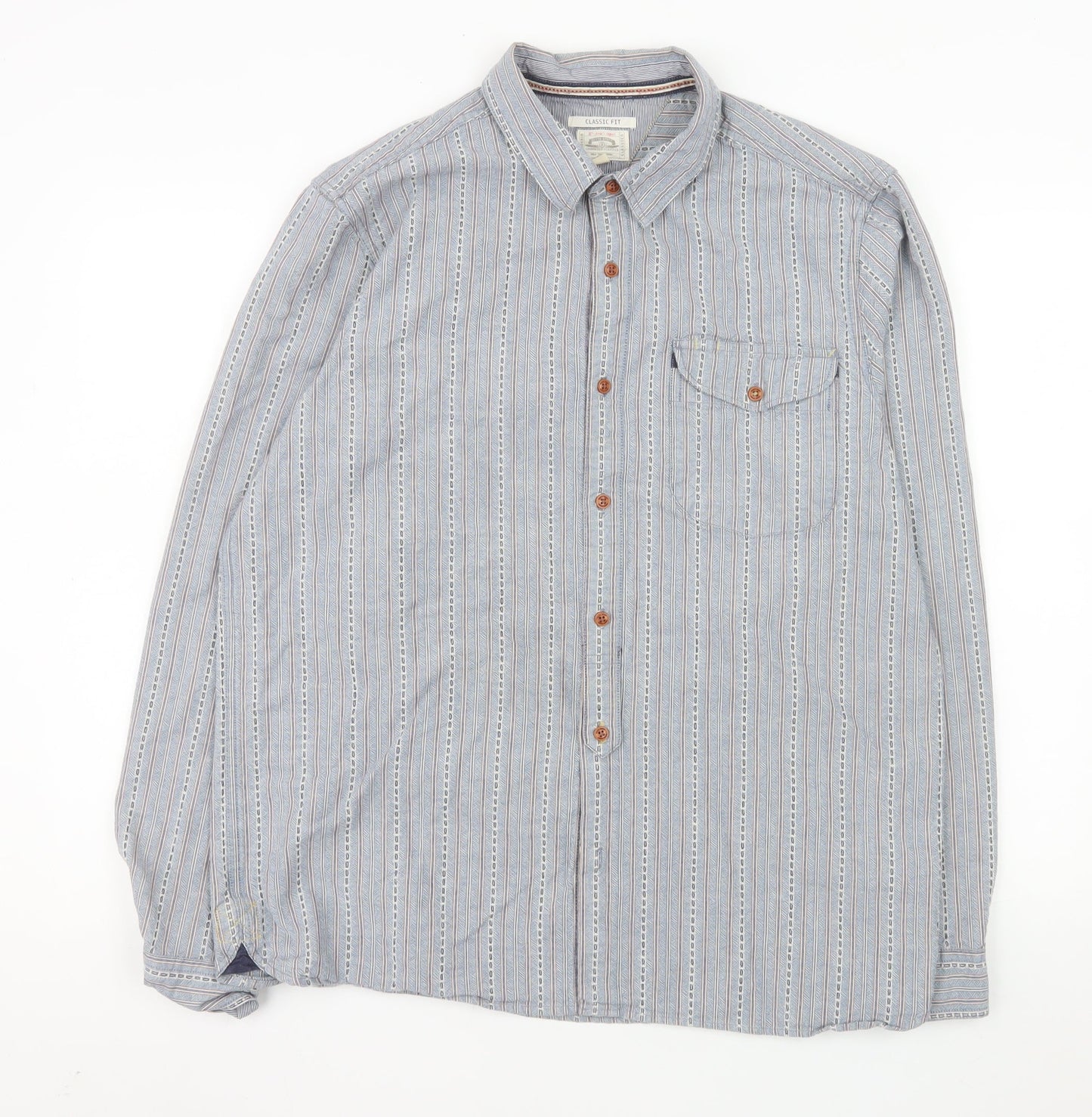 White Stuff Men's Blue Classic Fit Striped Cotton Long Sleeve Shirt L